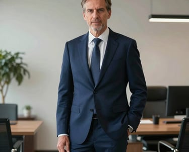 Portrait of a distinguished European estate director in a navy blue suit standing in a modern office with minimalist decor. The lighting is professional and the tone is one of established authority and sophisticated wellness.