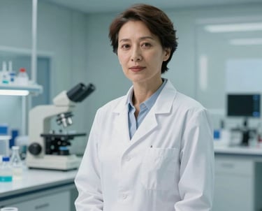Professional portrait of a female scientist in her 40s wearing a modern, tailored white lab coat. She is in a sophisticated European research facility with glass walls and light blue accents. The lighting is soft and flattering, conveying intelligence and trust.