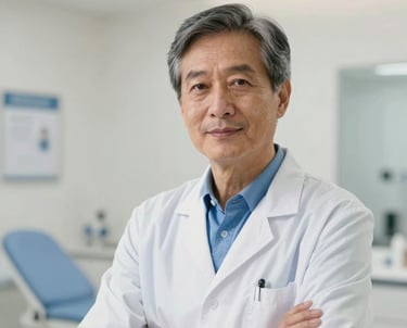 Professional photography of a health expert in their late 40s in a bright, modern European clinic setting. They are looking towards the camera with a confident, helpful expression. The color palette includes off-white and mid blue.