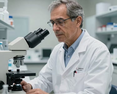 Portrait of a male researcher in his 50s, wearing professional attire, working in a clean and high-end laboratory environment in Spain. The composition is clean and focused, highlighting the expertise and research behind the brand.