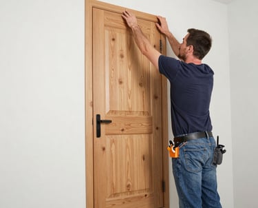 A friendly technician fixing a wooden fence in a cozy UK garden on a sunny day.