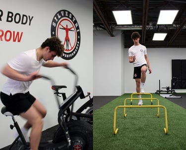 A young athlete performing cardio on an air bike and hurdle agility drills at Silvestri Performance gym.