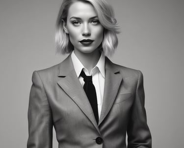 Black and white professional portrait of Erica Cordary in a minimalistic office setting.