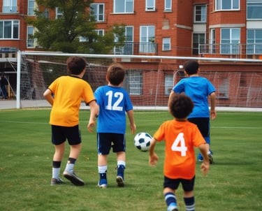 Children playing soccer energetically on a sunny field with city skyline behind.