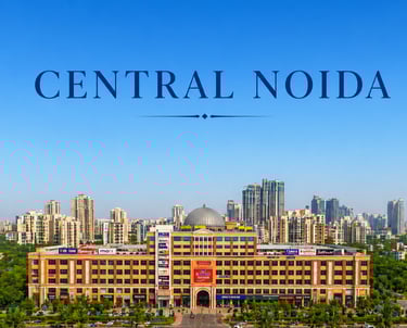 Aerial view of Central Noida cityscape featuring a large shopping mall and residential high-rise buildings.