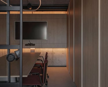 Modernus biuro interjeras Kaune, SBA Urban, susitikimų kambarys, medis, betonas, šviestuvas