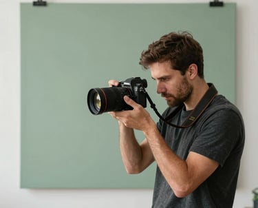 A photographer in a minimalistic Durban studio adjusting a high-end camera. The background is clean and features a large sage green canvas. Authentic, South African professional atmosphere.