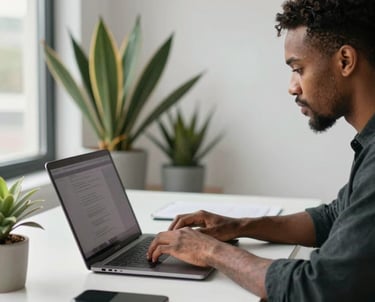 A creative designer working on a laptop in a bright office space in Windermere, Durban. Minimalist desk setup with South African botanical plants.