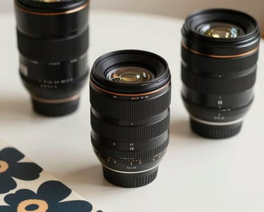 A close-up of professional photography lenses and a Marimekko-patterned notebook on a clean off-white desk. High-quality, sophisticated style.