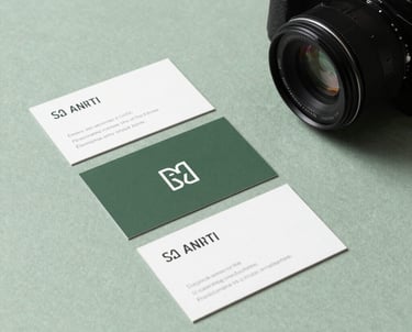 A minimalist flat-lay of branding materials, including business cards and a camera, on a light green surface. Sophisticated and clean.