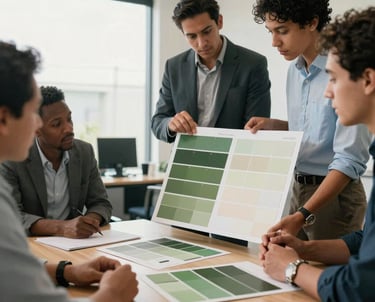 A candid shot of a branding meeting in a light-filled South African office. The team is looking at moodboards with olive green and cream swatches. Professional and collaborative.