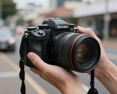 A shot of a photographer's hand holding a high-end camera, with a blurred background of a Durban street scene. Authentic, high-quality Pexels-style imagery.