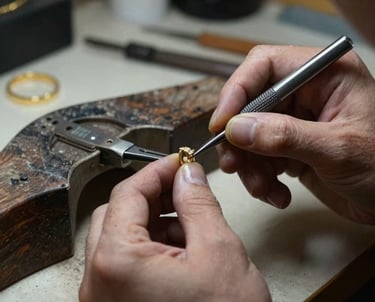 Close-up of a craftsman delicately working on a gold jewelry piece in a sophisticated workshop.