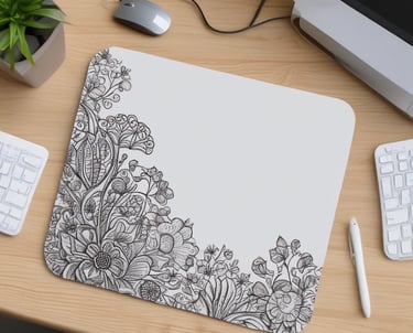 A sleek mouse pad with a personalized graphic, placed next to a modern computer setup.