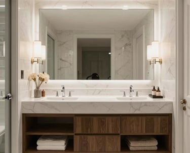 A luxurious bathroom featuring a freestanding tub, glass shower, and soft ambient lighting.