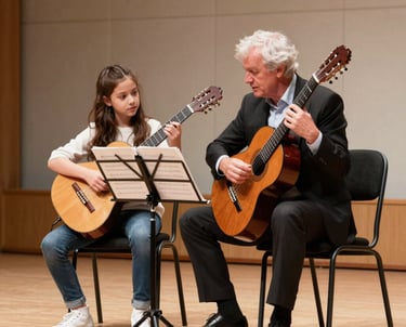A creative team collaborating in a modern studio surrounded by instruments.