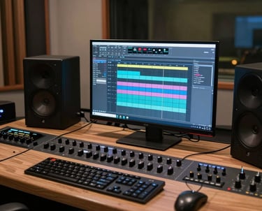 A producer mixing on a futuristic digital audio workstation with neon lights.