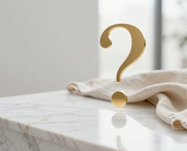 Hand holding a smartphone displaying a premium property management FAQ checklist app interface.