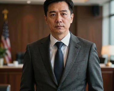 Professional portrait of a male attorney in his 40s wearing a high-end tailored suit. He looks focused and determined. Background is a blurred luxury office interior in the US.