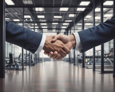 A handshake between a fitness influencer and a brand representative in a modern office setting.