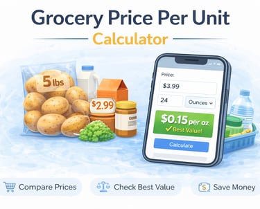 Grocery price per unit calculator interface showing product prices, weights, and best value comparison shopping assistant