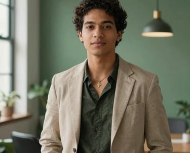 Portrait of a young South American creative professional in a contemporary Brazilian studio. Professional yet relaxed vibe, wearing modern attire. The composition is balanced and elegant, with soft natural light and Matte Forest Green details in the background.