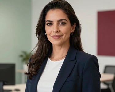 Portrait of a professional South American woman in a bright, modern Brazilian workspace. She is looking at the camera with a confident, friendly expression. The background features clean, minimalist design with a hint of Parchment Green and Carmine Red accents.