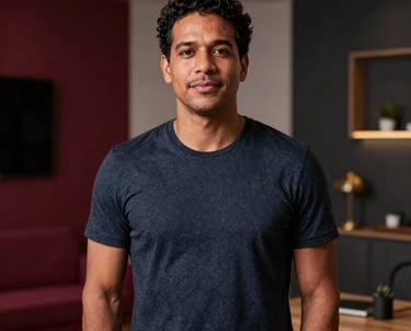 Portrait of a South American man with a creative, professional look, standing in a well-lit studio in Brazil. He represents a skilled content creator. Background has a warm, sophisticated atmosphere with hints of Carmine Red and dark charcoal furniture.