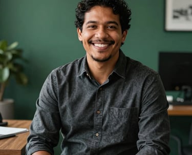 Portrait of a South American male professional in a stylish, relaxed Brazilian office setting. He is smiling warmly, representing a friendly and approachable community manager. The lighting is soft and natural, with Dark Charcoal and Matte Forest Green background elements.