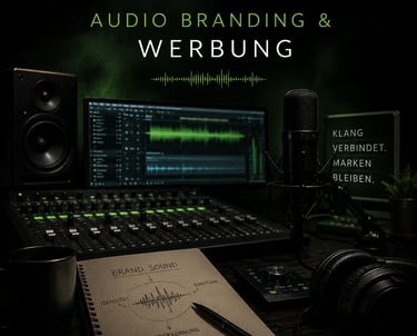 Professional recording studio for audio branding and advertising with microphone and sound board.