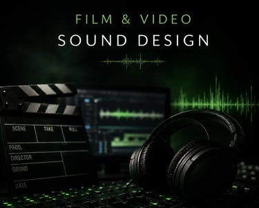 Professional film and video sound design workstation with studio headphones, clapperboard, and digital audio waveforms.