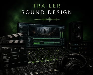 Professional trailer sound design studio with a digital audio workstation, mixing console, and film clapperboard.