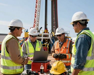 Engineers collaborating over digital models for oil field development.