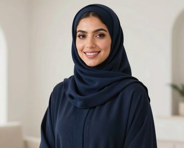 A professional portrait of a woman in a sophisticated navy abaya and a matching silk hijab, smiling warmly in a bright, modern studio with off-white walls. Middle Eastern / Gulf setting.