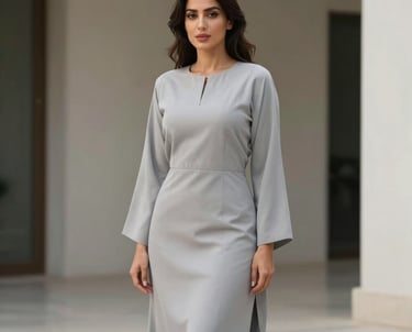 A portrait of a woman in a contemporary light gray modest set, standing confidently against a minimalist architectural backdrop with clean lines. Middle Eastern / Gulf setting.