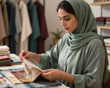 A candid shot of a woman in a muted green hijab, carefully examining a variety of high-quality textile swatches in an elegant, sunlit design studio. Middle Eastern / Gulf setting.