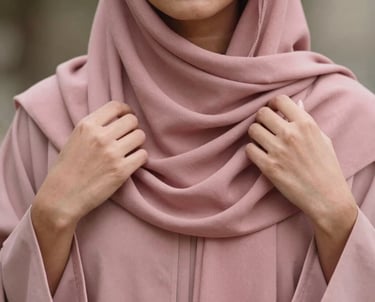 A close-up photograph of a woman wearing a dusty rose abaya, her hands gently adjusting the drape of her hijab, captured in natural, soft lighting. Middle Eastern / Gulf setting.