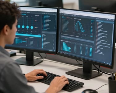 Medium shot of a professional at a desk with two monitors in a North American office, focusing on a complex interface with blue and grey data visualizations.