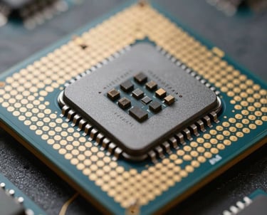 Microscopic photography of a processor chip, gold and blue highlights, high-tech aesthetic, North American / US, sharp focus.