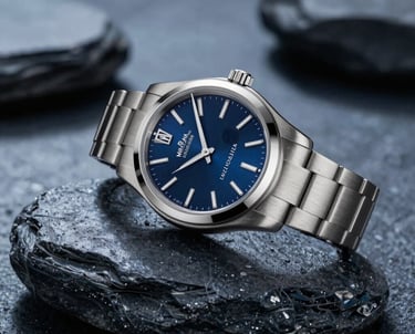 Studio photography of a high-end metallic watch resting on a smooth stone, clean lighting, ice blue and dark navy tones, sophisticated, North American / US.