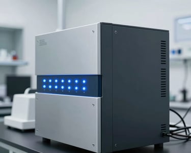 Photography of a high-tech lab setting in North America, clean white walls, focused on a sleek piece of equipment with glowing blue LED indicators.