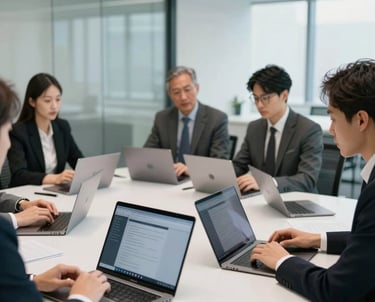 Candid photo of a tech meeting in a bright North American glass-walled conference room, sleek laptops on a white table, modern professional attire.