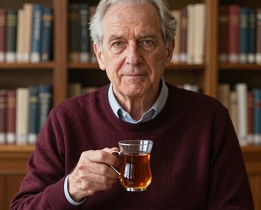 Portrait of a senior literary consultant in a North American / US setting, wearing a dark garnet sweater, holding a silver-rimmed glass of tea in a library.