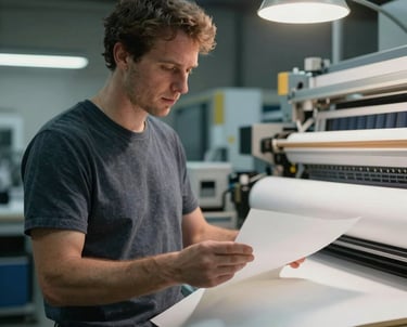 Portrait of a technical production specialist in a North American / US printing facility, checking bone white paper quality under cool studio lights.