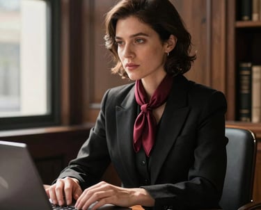 A professional photograph of a literary agent in a North American / US setting, wearing a black blazer and garnet red silk scarf, working in a sunlit dark-wood office.