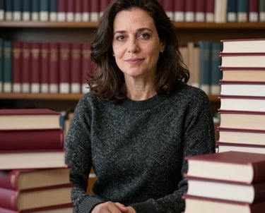 Portrait of a literary publicist in a North American / US library, wearing dark charcoal knitwear, surrounded by stacks of books with garnet red spines.