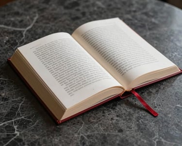 An artistic shot of an open book with garnet red bookmarks, positioned on a dark gray marble surface with soft, moody North American / US interior lighting.