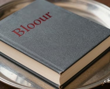 A close-up photograph of a charcoal gray hardback book with blood red embossed title, resting on a silver tray in a North American / US parlor.