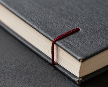 A macro photograph of high-quality book binding with garnet red thread against charcoal gray cloth, symbolizing artisanal publishing quality in North American / US style.