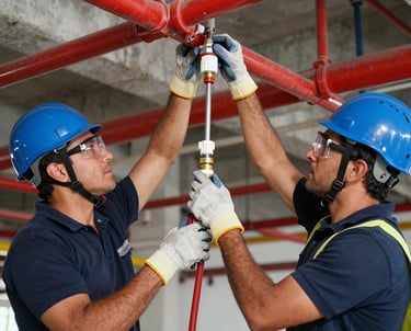 Technicians installing sprinkler systems in a commercial building.